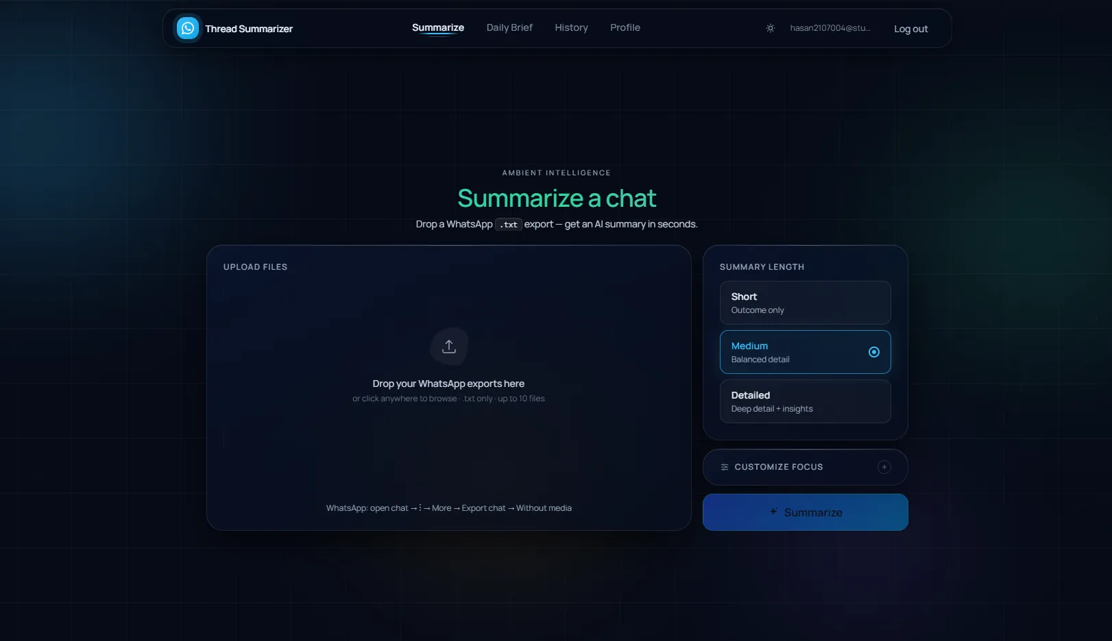 Project_ScreenShot_WhatsApp Thread Summarizer